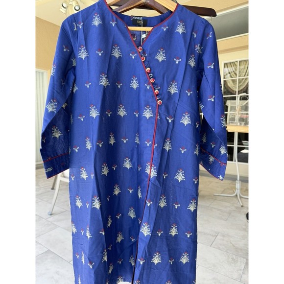 SAYA Blue Jaquard Kurta Shirt - Size 10/S - Picture 3 of 7